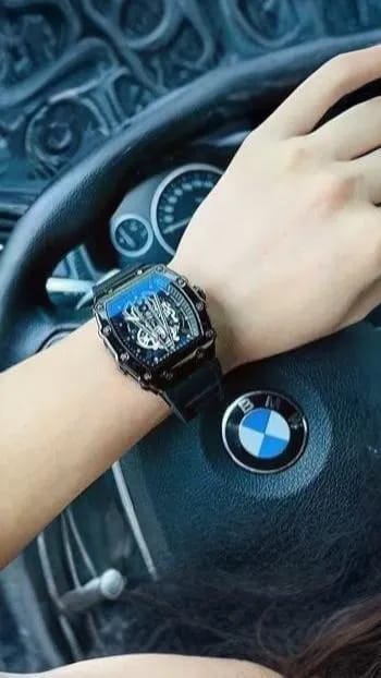 Wrist Black Belt Skeleton Watch